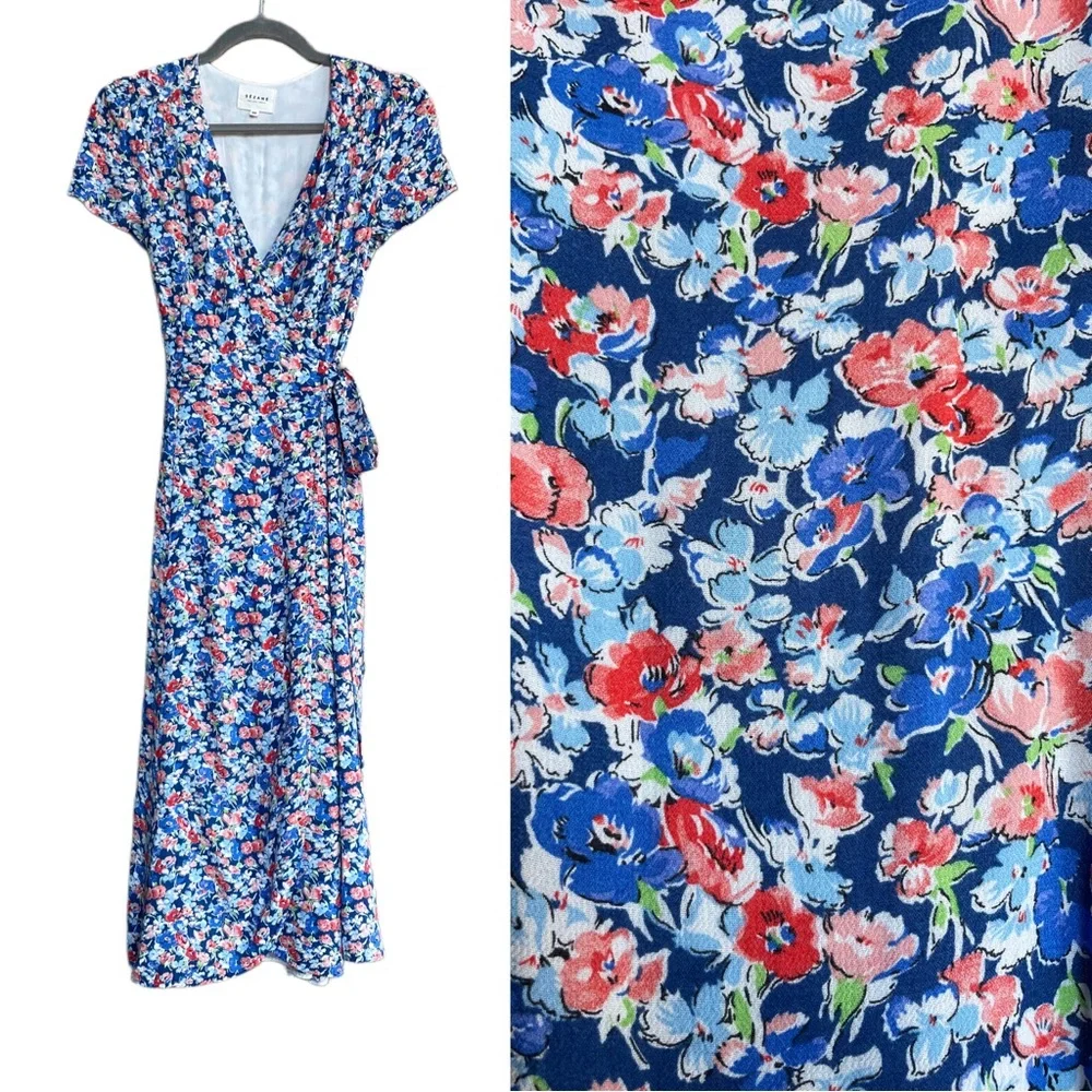SEZANE Blue Pink Floral Printed V Neck Amber Midi Wrap Dress Summer Sun Dress